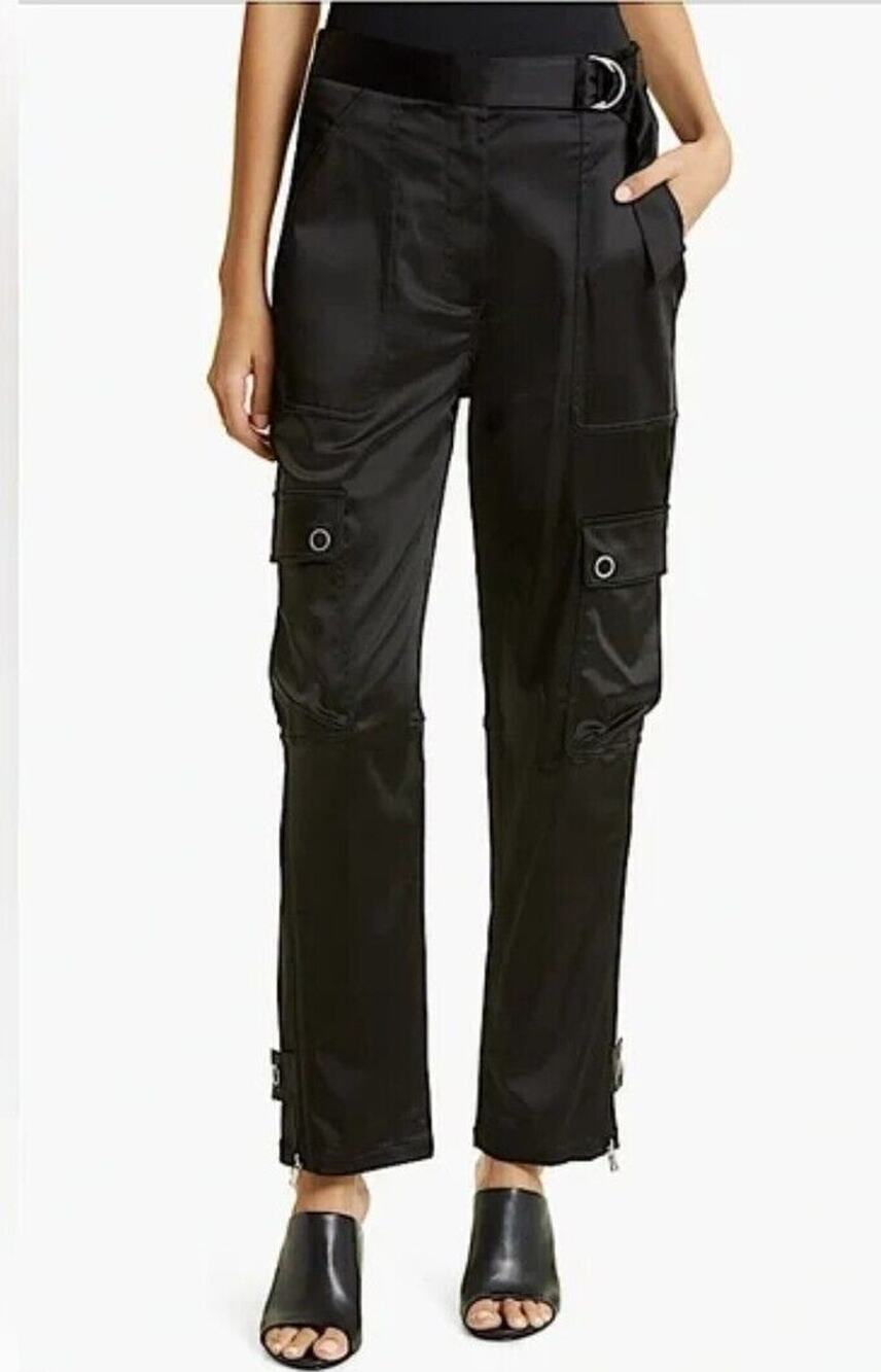 JONATHAN SIMKHAI Women's Black Satin Cargo Utility Pants Sz 0 Pre-owned EUC